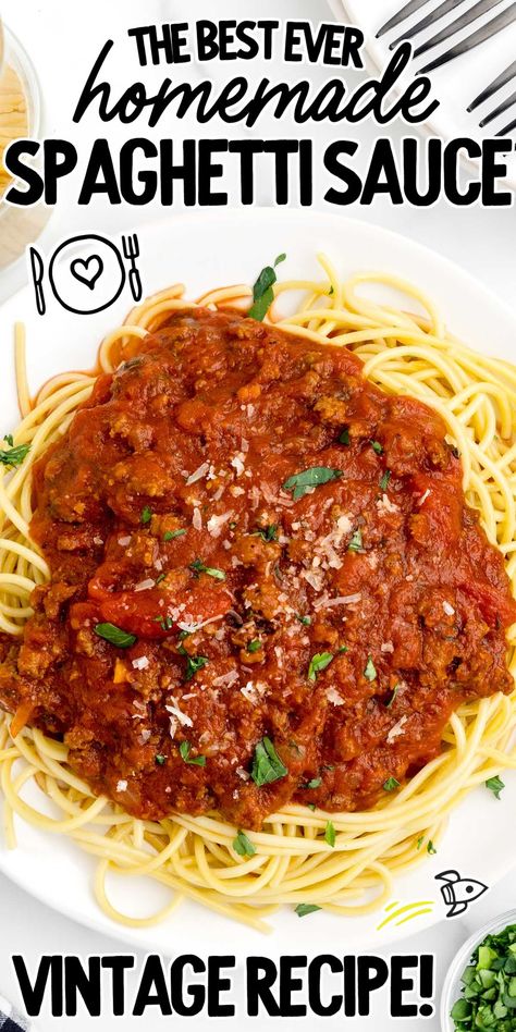 This spaghetti with meat sauce recipe features a savory and flavorful meat sauce served over spaghetti noodles for an easy meal. Spaghetti Sauce Recipe Meat, Top Secret Spaghetti Sauce, Cento Spaghetti Sauce, Best Spaghetti Sauce Recipes, Grandma Spaghetti Recipes, Martha Stewart Spaghetti Sauce, Best Speggetti Sauce Recipe, Homemade Spaghetti Sauce With Tomato Paste, Spatini Spaghetti Sauce Recipe