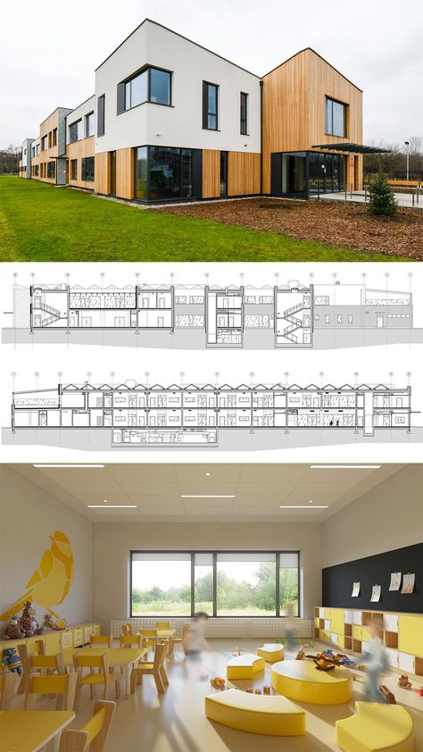 Kindergarten Classroom Architecture, Kindergarten Building Architecture, Day Care Architecture, Kindergarten Building Design, Kindergarten Design Plan, Kindergarten Facade, Learning Center Design, Kindergarten Interior Design, Kindergarten Plan