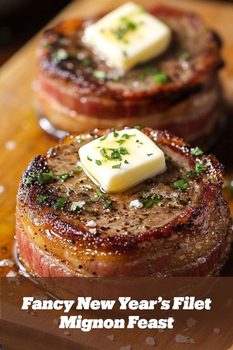 Juicy filet mignon wrapped in crispy bacon, a show-stopping centerpiece for the best New Year’s Eve dinner menu ideas for two or a fancy celebration feast. Nye Dinner Ideas, Bacon Wrapped Filet Mignon, Filet Recipes, Dinner Fancy, Bacon Wrapped Filet, Nye Dinner, Filet Mignon Recipes, Fancy Dishes, New Years Eve Dinner