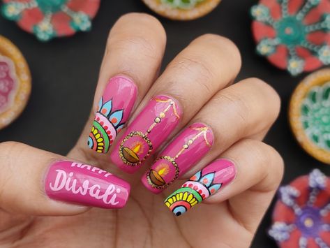 Raksha Bandhan Nail Art Design, Diwali Nails Idea, Diwali Nails Art, Diwali Nail Art Designs, Diwali Nail Art, Diwali Nails, Nail Salon Names, Mandala Nails, Quick Nail Art