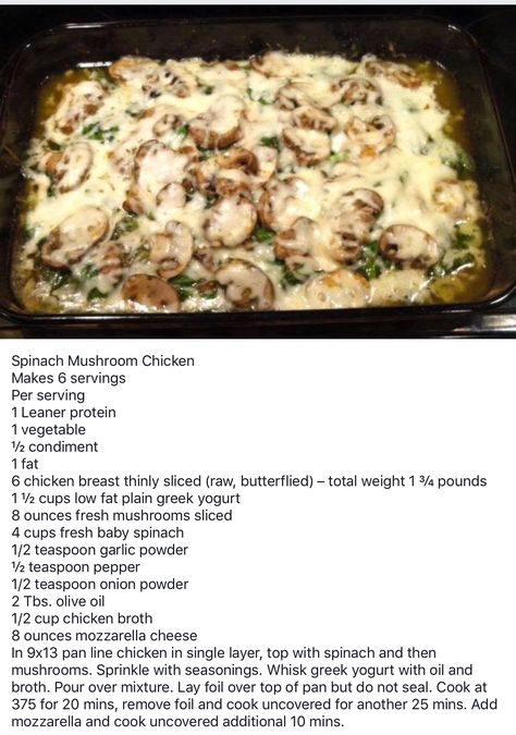 Lean and Green - Spinach Mushroom Chicken Spinach Mushroom Chicken, Fancy Pants Chicken, Medifast Recipes, Lean Protein Meals, Spinach Mushroom, Lean And Green, Lean Meals, Lean And Green Meals, Spinach Stuffed Mushrooms