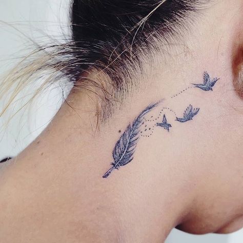 Feather And Stars Tattoo, Back Of Neck Tattoos For Women Small Meaningful, Collar Bone Arrow Tattoo, Tiny Feather Tattoo, Zwilling Tattoo, Behind Ear Tattoos, Feather Tattoo Design, Small Pretty Tattoos, Tasteful Tattoos