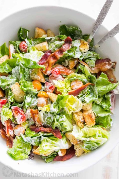 Blt Salad Dressing, Blt Salad Recipe, Lettuce Salad Recipes, Blt Salad, Lettuce Salad, Salad Dressing Recipes, Croutons, Crispy Bacon, Side Salad