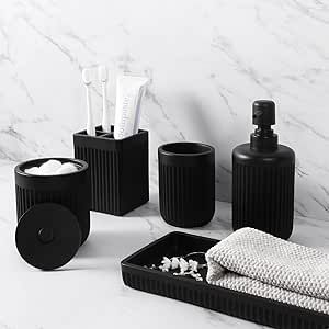 Resin Matte Black Bathroom Accessories Set 5 Pcs, Lotion Soap Dispenser, Toothbrush Holder, Bathroom Tumbler, Qtip Holder and Vanity Tray, Bathroom Countertop Organizer Set for Modern Home Apartment Ny Bathroom, Organize Toiletries, Vanity Tray Bathroom, Black Bathroom Accessories Set, Matte Black Bathroom Accessories, Bathroom Countertop Organizer, Bath Items, Sink Decor, Modern Bathroom Accessories