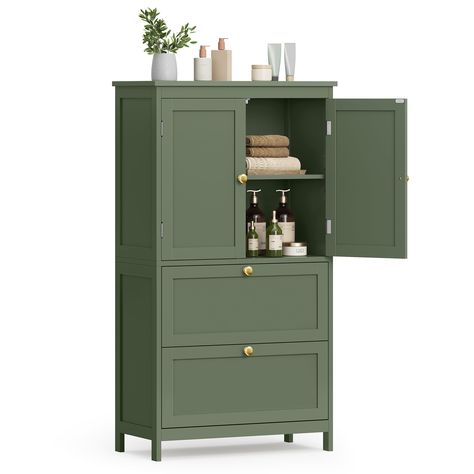 PRICES MAY VARY. [Plenty of Storage] This bathroom cabinet features a top cabinet and 2 roomy drawers to provide ample space for your hairdryer, towels, cosmetics, shower items, and more [Customizable Storage] Easily adjust the shelf in the top cabinet to 5 different positions, providing the flexibility to accommodate items of varying heights [Combines Quality & Style] Crafted from high-quality MDF and equipped with an anti-tip device, this bathroom storage unit is durable and stable. Its stylis Linen Storage Cabinet Bathroom, Green Cabinet Bathroom, Small Bathroom Styling, Bathroom Storage Ideas Cabinet, Bathroom Storage Mirror, Cabinet In Bathroom, Towel Storage For Small Bathroom, Bathroom Cabinets Storage, Bathroom Storage Furniture