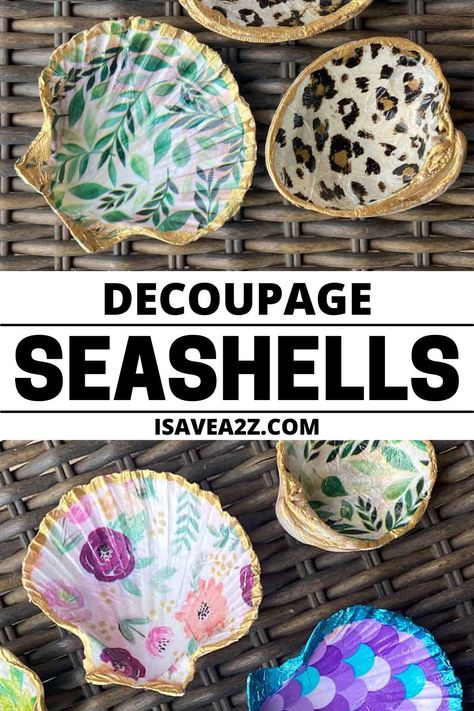 Chalk Paint Crafts Ideas Easy Diy, Paper Shells Diy, Decoupage Scallop Shells, Decopage Sea Shells, How To Decoupage Shells, Projects With Seashells, Painted Sea Shells Ideas Easy, Decoupage Shells Diy, Ocean Crafts For Adults