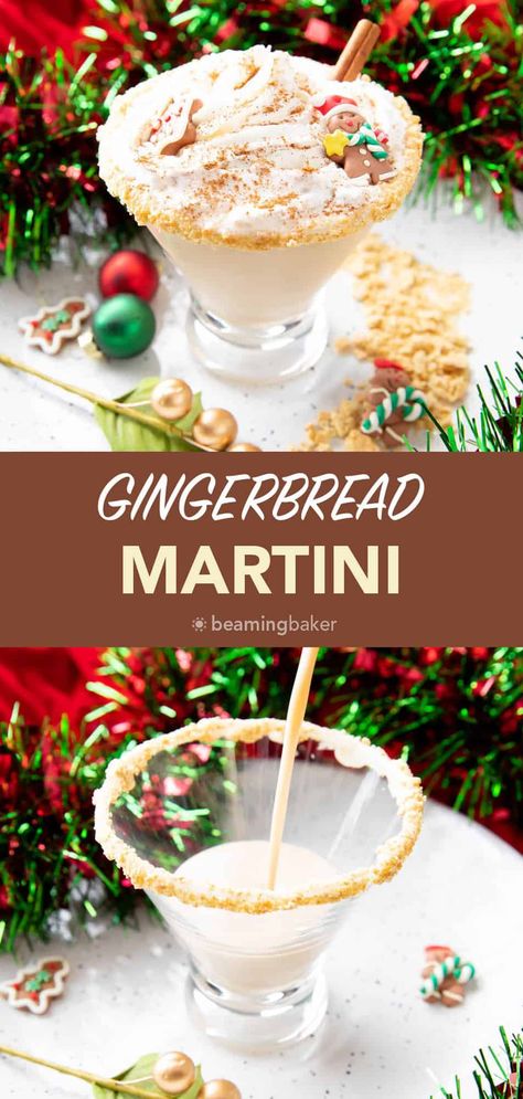 The best Gingerbread Martini is topped with layers of whipped cream, cinnamon, and more gingerbread cookies for a festive holiday dessert cocktail! | Recipe at BeamingBaker.com Espresso Frosting Recipe, Whipped Cream Vodka Recipes, Toasted Almond Drink, Gingerbread Martini Recipe, Gingerbread Martini, Homemade Vanilla Frosting, Graham Cracker Gingerbread, Holiday Martinis, Festive Holiday Desserts