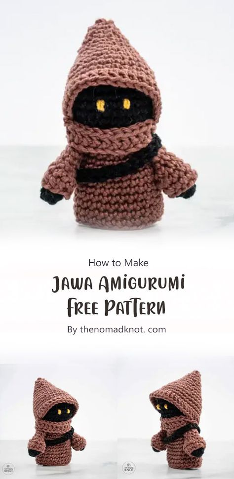 Creating a Jawa Amigurumi using the free pattern from thenomadknot.com is a delightful endeavor that combines your love for crocheting and Star Wars. This project offers endless opportunities for creativity. So, gather your materials, follow the pattern closely, and embark on a journey that will result in an adorable and cherished Jawa Amigurumi to call your own. Crochet Clone Trooper, Roblox Crochet Pattern Free, Star Trek Crochet Patterns Free, Goblin Treasure, Ewok Crochet, Starwars Crochet, Star Wars Amigurumi, Sewing Blankets, Star Wars Crochet