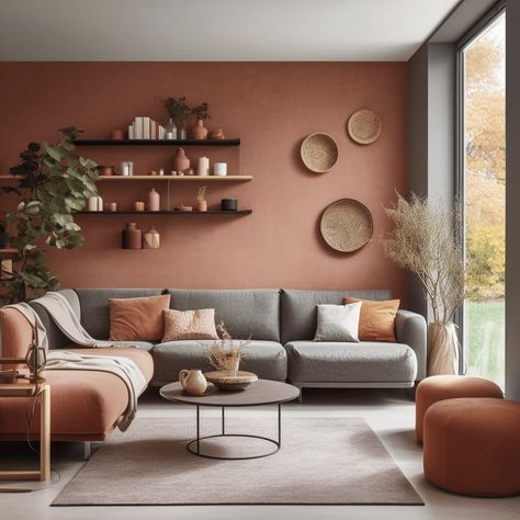 Accent Color Living Room, House Painting Ideas Interior Living Room, Rust Living Room Decor Burnt Orange, Terracotta Walls Living Room, Accent Wall Colors Living Room, Cosy Living Room Ideas Warm Colours, Terra Cotta Living Room, Living Room Accent Wall Ideas, Peach Living Rooms