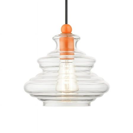 Collection: Everett, Material: Steel, Finish Color: Shiny Orange, Width: 9", Height: 15", Hanging Method: Cord, Lamping Type: Incandescent, Number Of Bulbs: 1, Wattage: 60 Watts, Moisture Rating: Dry Rated, Desc: The Everett single light pendant suspends simply, and it's great solo over focus points or set in pairs or trios over long counter tops and islands. It is showcased in a shiny black finish with chrome finish accents and hand blown clear art glass.,-Everett - 1 Light Pendant-15 Inches Tall and 9 Inches Wide-Shiny Orange Finish -Traditional Installation-52831-77 Focus Point, Single Pendant Lighting, Livex Lighting, Counter Tops, Light Pendant, Mini Pendant, Chrome Finish, Hand Blown, Art Glass