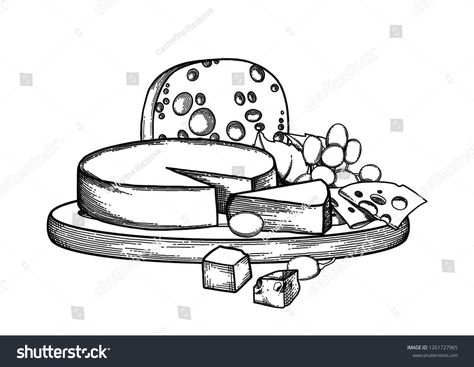 Graphic design witn different types of cheese and grapes on the wooden plate. Vector illustration isolated on white background #Ad , #AD, #types#cheese#grapes#Graphic Cheese And Grapes, Different Types Of Cheese, Plate Drawing, Wooden Plate, Types Of Cheese, Plate Art, Cheese Plate, Wooden Plates, Art References