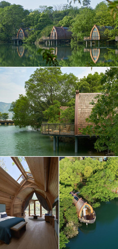 The "boat room" concept is rooted in a local tradition of #boat living by the "nine fishing families" from the Ming to Qing dynasties. Nestled among trees, the five rooms gracefully float two-thirds above the lake, reflecting the historical water tribe culture. Learn more at Architonic.com #architonic #architecture #organicarchitecture #hoteldesign #hotelarchitecture #riverside #hotelroom #hotelinterior #exotichotel #architecturalphotography House On The River Ideas, Boat Inspired Architecture, Community Living Architecture, Lake Landscape Architecture, Riverside Architecture, Moving Architecture, House By The River, Riverside Landscape, Biomimicry Architecture