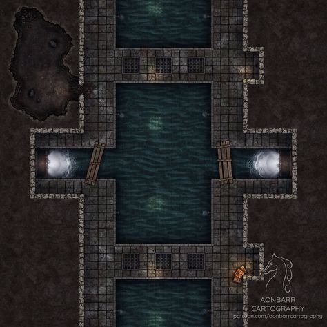 A battle map of a large sewer, with a monster's den behind the walls. You can get the free watermarked version through the link, including a variant without the den, or with a vampire's lair instead! #sewers #cave #monsterden #dnd #ttrpg #dnd5e #5e #pathfinder #rpg #map #battlemap #foundry #foundryvtt #dungeondraft #aonbarrcartography Dnd Sewer Monster, Dnd Sewer Map, Sewer Battlemap, Dnd Sewer, Dnd Locations, Dnd World Map, Battle Map, Dnd Ideas, Tabletop Rpg Maps