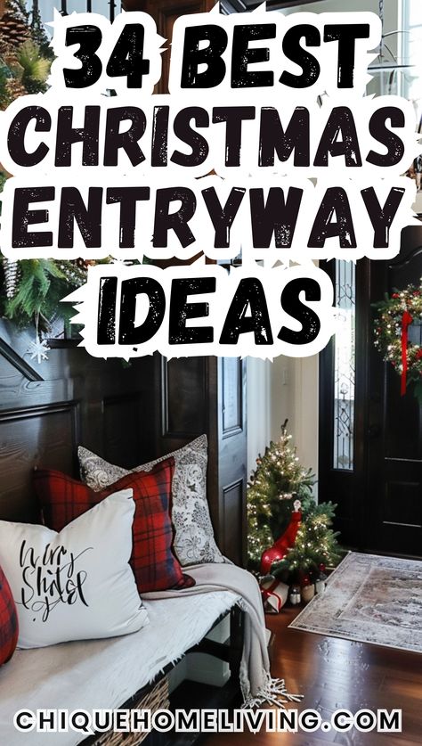 Are you looking to step up your decor game and wow your guests this holiday season? Discover our curated Christmas entryway decor ideas that will transform your entryway into a festive retreat! Home Entrance Christmas Decor, Hall Tree Christmas Decorating Ideas, Christmas Entry Ways, Above Door Decor Entry Ways, Christmas Decor Ideas Banister, Long Entry Way Wall Decor Ideas, Christmas Decor For Entryway Table, Christmas Decor Foyer Entryway, Diy Christmas Entryway Decor