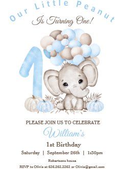 Elephant Birthday Party Ideas, First Birthday Boy Invitation Card, Elephant Birthday Party Boy, 1st Birthday Boy Invitations, Elephant Birthday Theme, 1st Birthday Elephant Theme, Elephant Theme Birthday Party, Elephant 1st Birthday, First Birthday Theme Boy