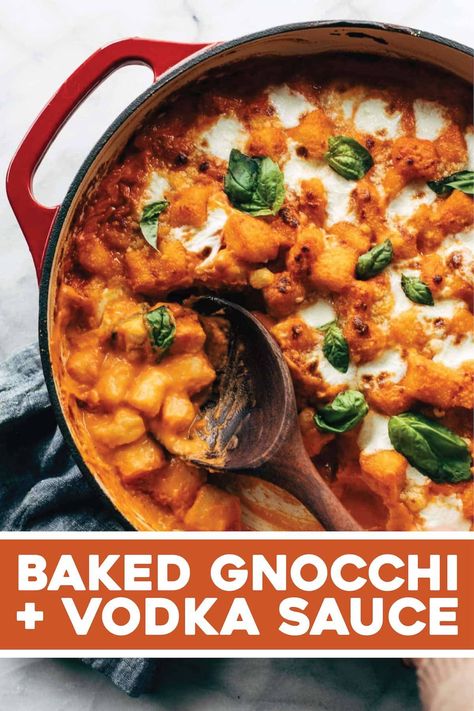 Baked Gnocchi with Vodka Sauce! Seriously cozy, seriously addicting. Pillowy-tender gnocchi tossed with an easy five-ingredient vodka sauce, baked under a layer of mozzarella, parmesan, and basil. #gnocchi #vodkasauce #pasta Gnocchi Recipes With Vodka Sauce, Gnocchi Vodka Sauce, Gnocchi With Vodka Sauce, Sweet Potato Chowder Recipe, Basil Gnocchi, Whipped Ricotta Recipe, Gnocchi Sauce, Vodka Sauce Recipe, Pasta Recipes Alfredo