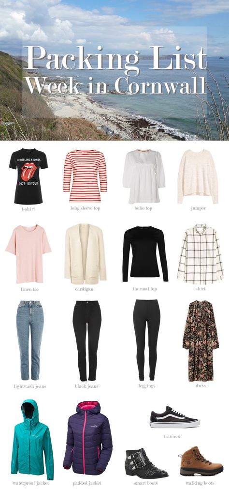 Packing Series | A Week in Cornwall | the casual stylist What To Pack For A Week In Cornwall, Uk Holiday Outfits, Cornwall Holiday Outfits, Cornwall Outfit Ideas, Cornwall Outfits, Wardrobes Uk, Cornwall Holiday, Wardrobe Checklist, Holiday Capsule Wardrobe