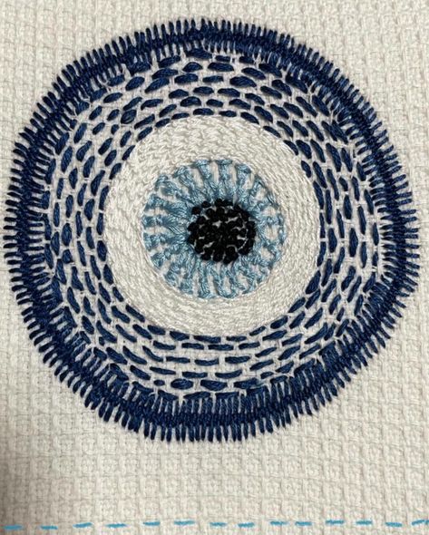 Pamela Easton - Slow Fashion on Instagram: “A simple Mati, the Greek talisman to protect against the evil eye. The perfect embroidery motif for this commission of handwoven cotton…” Embroidery Evil Eye, Bachelorette Embroidery, Trippy Embroidery, Evil Eye Embroidery, Greek Embroidery, Eye Embroidery, Clothes Embroidery, Embroidery Motif, Greek Pattern