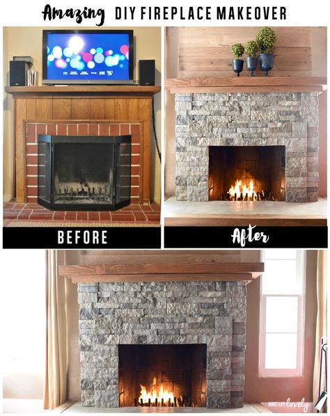 Amazing AirStone fireplace makeover. It's easy to makeover that ugly brick fireplace and turn it into lovely stone yourself!  Simple DIY tutorial. @duraflame #ad Brick Fireplace Makeover Stone Veneer Faux Panels, Gray Stone Fireplace With Wood Mantle, Air Stone Fireplace, Air Stone Fireplace Makeover, Diy Stone Fireplace, Airstone Fireplace, Stone Fireplace Makeover, Design Camino, Fireplace Redo