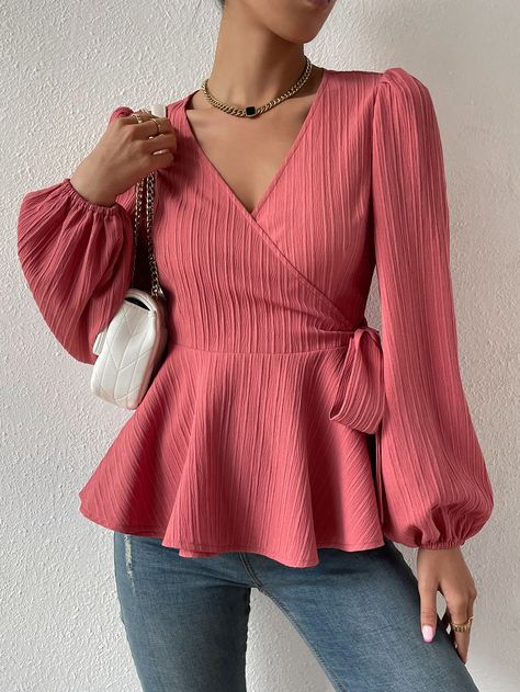 Watermelon Pink Elegant Collar Long Sleeve Fabric Plain Peplum Embellished Non-Stretch  Women Tops, Blouses & Tee Casual Pullover Outfit, Hijabi Mode, Peplum Top Outfits, Mode Turban, Perfect Blouse, Fashion Top Outfits, Trendy Dress Outfits, Fashion Tops Blouse, Designer Dresses Casual