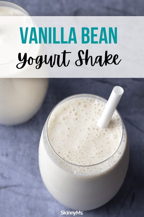 Vanilla Bean Yogurt Shake Yogurt Shake Recipes, Healthy Vanilla Milkshake, Vanilla Yogurt Smoothie Recipes, Smoothie With Vanilla Yogurt, Vanilla Bean Protein Shake Recipes, Things To Put In Yogurt, Protein Shakes With Greek Yogurt, Greek Yogurt Milkshake, Healthy Milkshake Recipes Smoothies