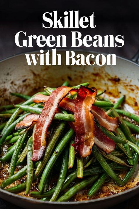 Skillet green beans topped with crispy bacon. Skillet Egg Roll Recipe, Green Beans And Bacon, Green Beans Skillet, Bacon Green Beans, Beans And Bacon, Skillet Green Beans, Beans With Bacon, Bacon Dishes, Green Beans With Bacon