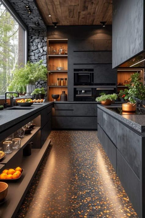 13 Black Granite Countertop Ideas That Will Change The Way You See Your Kitchen Forever! | DIY Vibes Small Dark Kitchen Ideas, Walnut Interior Design, Countertop Kitchen Ideas, Granite Countertop Ideas, Modern Dark Kitchen, Black Kitchen Inspiration, Modern Walnut Kitchen, Kitchen Granite Countertops, Wood Counters