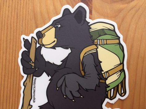 "Backpacker Bear Sticker 3.5\" or 4.5\" tall SMALL: 3.5\" (8.9cm) tall REGULAR: 4.5\" (11.4cm) tall The Backpacking Black Bear was hand drawn at Dripolator Coffeehouse in Black Mountain, NC, inked up with Sharpie, and then cleaned and colorized in Illustrator. Each sticker is professionally printed in America (Sticker Mule)" Black Mountain Nc, Sticker Mule, Bear Sticker, Green Backpacks, Coffeehouse, Black Mountain, Ink Drawing Illustration, Animal Stickers, Black Bear