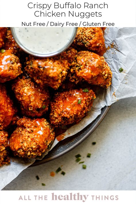 Gluten Free Buffalo Ranch Chicken Nuggets that are perfectly crispy and much healthier than fast food. These nuggets are baked, not fried, made without much oil, and full of buffalo ranch flavor! Leftover Chicken Nuggets, Buffalo Chicken Nuggets, Use Leftover Chicken, Gluten Free Chicken Nuggets, Buffalo Chicken Sauce, Buffalo Ranch Chicken, Healthy Kid Friendly Meals, Buffalo Chicken Recipes, Homemade Chicken Nuggets