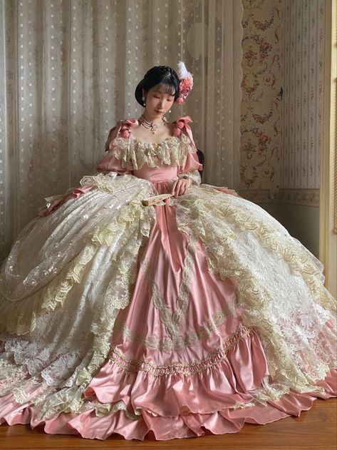 Simple Rococo Dress, Pink Victorian Ball Gown, Victorian Era Ballroom, Victorian Party Dress, Pink Rococo Dress, Princess Dress Victorian, Mangle Cosplay, Rococo Aesthetic, Victorian Ball Gowns