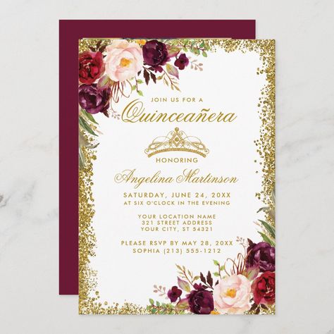 Quinceanera Burgundy, Red Roses And Sunflowers, Medical Graduation, Crown Photo, School Nursing, Quince Invitations, Crown Photos, Photo Gold, Quinceanera Invitations