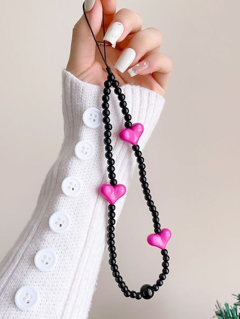 Free Returns ✓ Free Shipping✓. 1pc Beaded Phone Lanyard- Phone Lanyards at SHEIN. Beaded Phone Lanyard, Phone Lanyard, Phone Charms, Diy Crafts To Do, Diy Phone, Phone Charm, Crafts To Do, Black Beads, Pink Heart