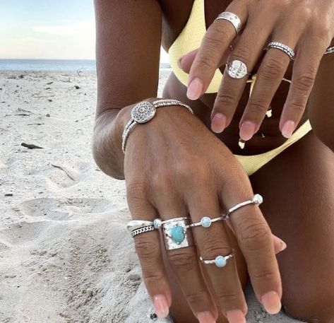 Beach Jewelry Aesthetic Silver, Necklace Stacks, Solid Opal Ring, Beach Rings, Ring Stacks, Jeweled Shoes, Nail Ring, Ring Stack, Jewelry Lookbook