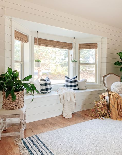 Bay Window Bamboo Shades, Bamboo Blinds Bay Window, Bay Window Shades Living Room, Farmhouse Bay Window, Bay Window Shades, Mountain Farmhouse, Diy Bamboo, Sarah Joy, Floor Living