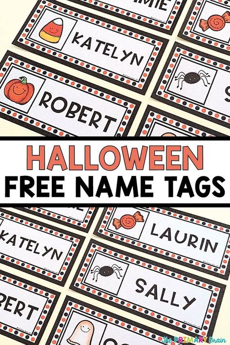 FREE Halloween name tags to decorate bulletin boards, student desks, and writing walls! Just print and go for some October Fall Flair in your classroom! Read more on my blog theprimarybrain.com #nametags #halloween #classroom Halloween Cubby Tags, Halloween Name Tags, Name Tag Ideas, Cubby Name Tags, Graduation Party Checklist, Cubby Labels, Diy Name Tags, October Writing, Cubby Tags