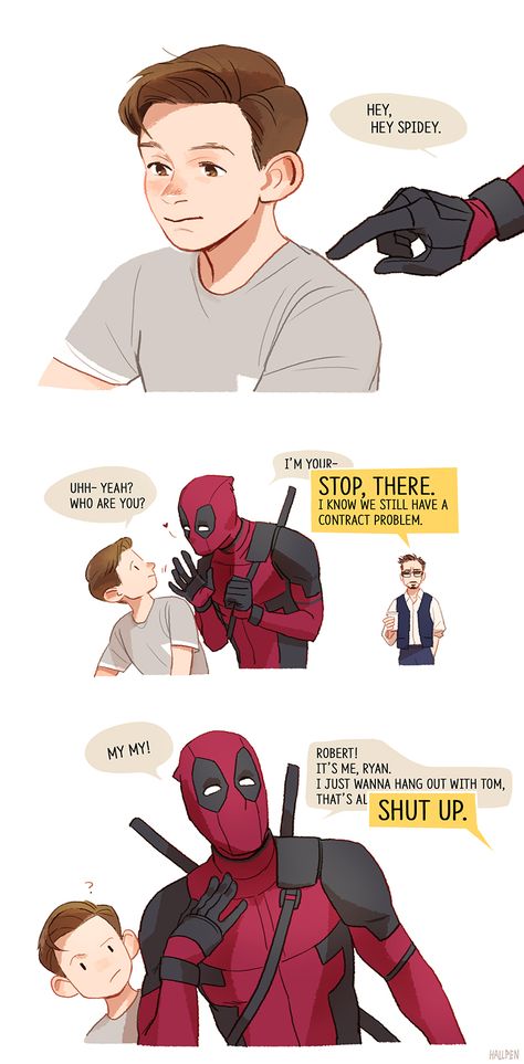 Tom Holland Peter Parker Deadpool (Fanart)  Artist: @hallpen Spiderman X Ironman, Iron Man X Spiderman, Hallpen Deviantart, Ironman And Spiderman, Spider Man And Iron Man, Spiderman And Iron Man, Iron Man And Spiderman, Spiderman And Deadpool, Spider Man And Deadpool