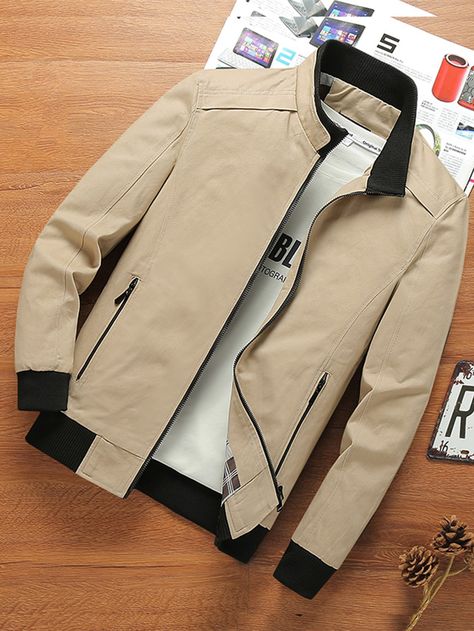 Khaki Casual  Long Sleeve Cotton Colorblock Other Embellished Non-Stretch Spring/Fall Men Outerwear Spring Jacket For Men, Men Zipper Hoodie, Zipper Jacket Outfit Men, Jackets Men Fashion Winter, Windcheater Men, Zipper Jacket Outfit, Stylish Jackets For Men, Jackets For Men Casual, Spring Jacket Men