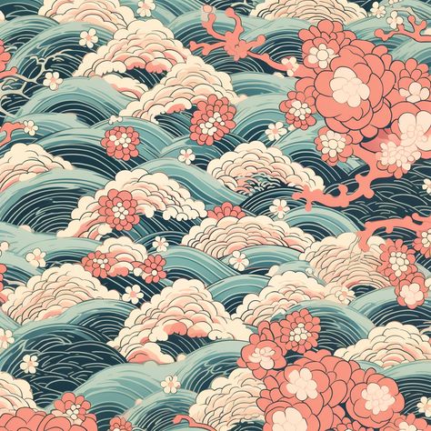 This is an attractive image of a beautiful Japanese wave and flower design. The wave pattern dances elegantly and the flowers are in full bloom, which can be seen at a glance. This design gives off a traditional Japanese feel. The appeal of Japanese patter Japanese Style Graphic Design, Japanese Flower Illustration, Japan Pattern Design, Japanese Patterns Traditional, Japanese Texture, Traditional Japanese Aesthetic, Japanese Flower Pattern, Surface Illustration, Japanese Ornaments