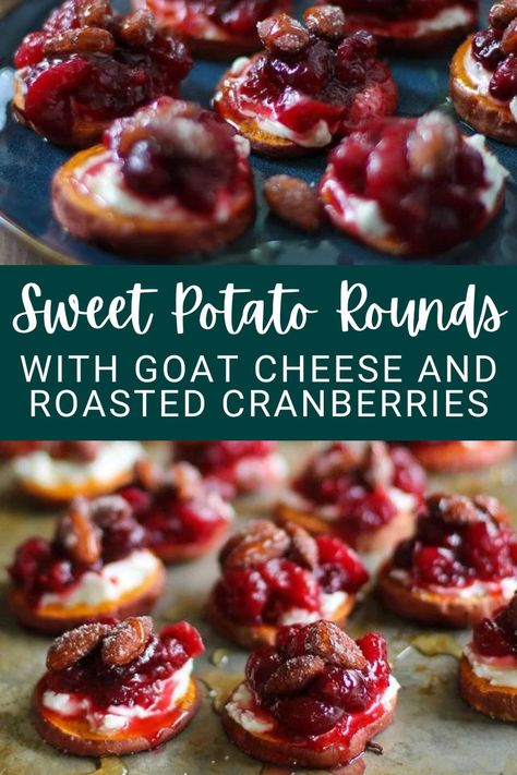 Roasted sweet potato rounds with goat cheese and roasted cranberries make a delightful festive healthy appetizer! Gluten Free Thanksgiving Appetizers, Roasted Sweet Potato Slices, Sweet Potato Rounds, Potato Rounds, Winter Dinners, Thanksgiving Appetizer, Sweet Potatoe Bites, Sweet Potato Slices, Fall Appetizers