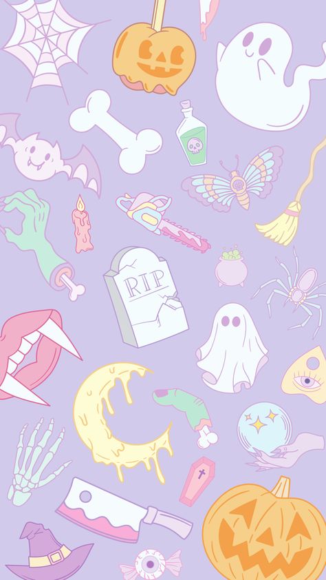 Halloween Pastel Wallpaper, Phone Wallpaper Purple Pastel, Pastel Halloween Wallpaper Iphone, Halloween Wallpaper Pastel, Pastel Spooky Aesthetic, Girly Halloween Backgrounds, Purple Aesthetic Wallpaper Halloween, Cute Spooky Backgrounds, Spooky Pastel Aesthetic