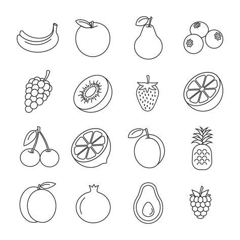 Vector set line icon of fruits Fruit Line Illustration, Fruits Line Art, Line Art Fruit, Fruit Illustration Art, Fruit Line Drawing, Fruit Sketches, Kitchen Lettering, Fruit Outline, Fruit Line Art