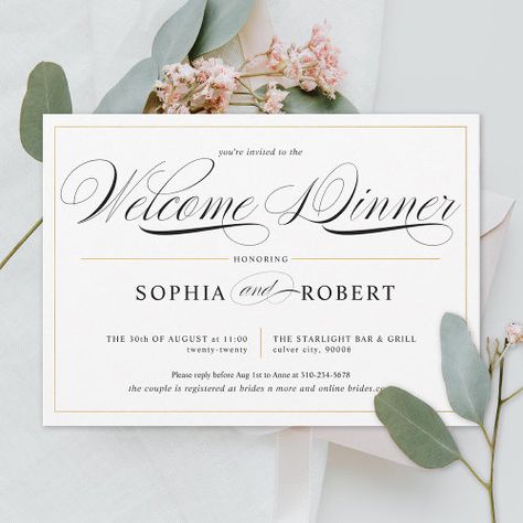 $2.92 | Simple Lines Calligraphy Elegant Welcome Dinner #elegant script, wedding, rehearsal, black and white, simple, calligraphy, welcome party, wedding guests, welcome dinner, welcome dinner invitations Welcome Party Wedding, Lesbian Wedding Invitations, Wedding Welcome Party, Gay Wedding Invitations, Calligraphy Welcome, Wedding Day Invitations, Popular Wedding Invitations, Simple Calligraphy, Couples Shower Invitation