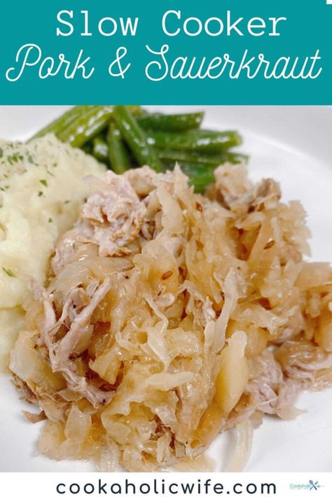 Many believe serving pork and sauerkraut on New Year's Day brings good luck, so join in on the tradition and serve this easy slow cooker recipe. Complete the meal by serving it with mashed potatoes and green beans. #porkandsauerkraut #newyearsdayrecipe #slowcookerrecipe #easyslowcookerrecipe #crockpotrecipe Slow Cooker Pork And Sauerkraut Recipe, Crockpot Pork And Sauerkraut, Sauerkraut Crock, Pork Sauerkraut, Sour Kraut, Pork And Sauerkraut Recipe, Pork Roast And Sauerkraut, Pork And Sauerkraut, Crockpot Pork Loin