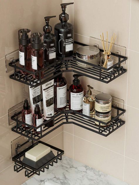 3pcs/Set Stainless Steel Bathroom Shelves, Including Corner Shower Shelf, Wall Mounted Shower Caddy, Shampoo Holder And Soap RackI discovered amazing products on SHEIN.com, come check them out! Small Shower Organization Ideas, Latest Bathroom Accessories, Lotion Organization, Shower Organizer, Corner Shower Caddy, Shower Rack, Shower Head Holder, Shower Organization, Bathroom Storage Racks