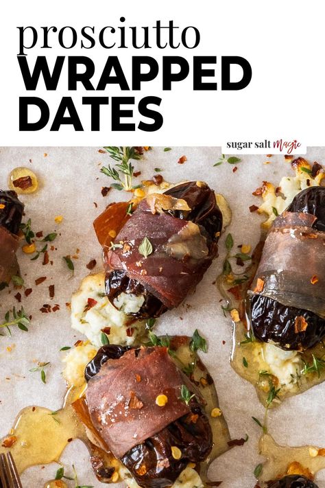 You can't go wrong with these prosciutto wrapped dates for a quick and easy appetizer. Stuffed with goats cheese and baked, your guests will love them. Sweet, salty, creamy, and cheesy all in one — these prosciutto wrapped dates tick all the boxes. Made with dates, honey, goats cheese, prosciutto, and thyme, they are seriously so good. The perfect mouthful for a finger food appetiser! Whipped Feta Stuffed Dates, Prosciutto Wrapped Figs, Date Appetizers, Prosciutto Wrapped Dates, Goat Cheese And Prosciutto, Cocktail Snacks, Prosciutto Appetizer, Thanksgiving Hosting, Wrapped Dates