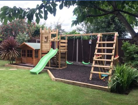 Backyard Landscaping With Kids Area, Backyard Playscape Landscaping, Garden Design With Play Area, Landscaped Play Area, Patio And Play Area Backyard Ideas, Raised Playground Area, Play Ground Landscaping, Play Set Small Backyard, Backyard Landscaping With Playground