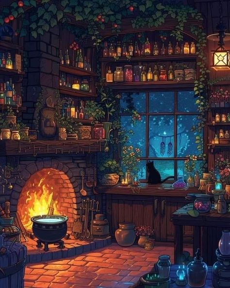 Witch Cottage She Shed, Cottage Witch Wallpaper, Witch’s Cottage, Witch Room Art, Cozy Art Aesthetic, Witch Interiors, Cluttered Interior, Fantasy Cottage Art, Witch Room Aesthetic