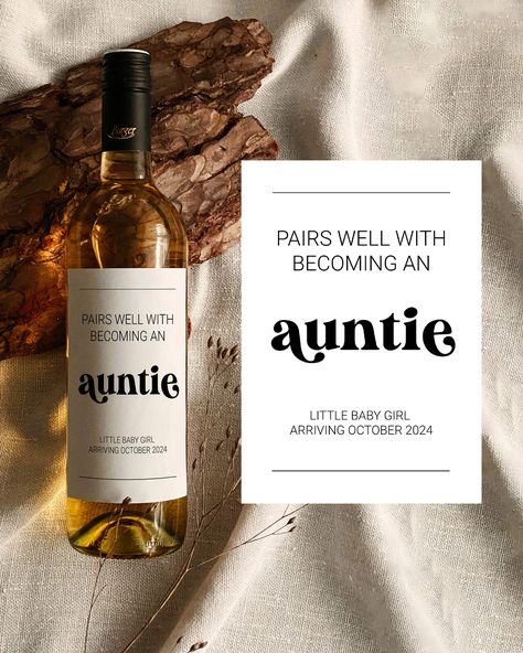 "Our \"Pairs well with becoming an auntie\" is an instant downloadable, editable template. Perfect baby announcement wine gift for a future aunt. Use this template to edit all text, font and color. Just edit, download, and print. It's super easy and fast. ✅ INSTANT ACCESS ✅ EDIT MOST WORDING/FONTS/COLORS ✅ PRINT AT HOME OR PROFESSIONALLY ✅ RELATED ITEMS 👉 https://etsy.me/2RLvfnw ✅ DEMO 👉 https://www.corjl.com/d/1O7J5L WHAT IS INCLUDED? * Wine Label - 3.5x5'' * Instructions This is a digital pr Pairs Well With Becoming Grandparents, Auntie Baby Announcement, Auntie Announcement Pregnancy, Baby Announcement To Aunt, Baby Announcing Ideas To Family, Baby Announcement Ideas For Family, Pregnancy Announcement Present, Announcing Pregnancy To Parents, Classy Pregnancy Announcement