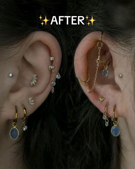 Stacked Piercing Ideas, Symmetrical Ear Piercings, Ethereal Piercings, Asymmetrical Ear Piercings Both Ears, Earscaping Ideas, Stacked Lobes Piercing, Both Ears Pierced Ideas, Types Of Piercings Ears, Stacked Earrings Aesthetic