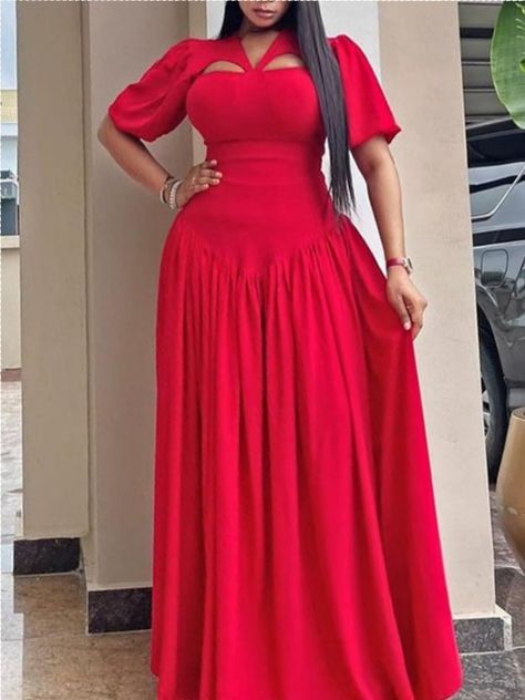 Plain Material Short Gown Styles, Plain And Pattern Gown Styles, Plain Material Gown Styles, Crepe Material Long Gown Styles, Crepe Material Gown Styles, Plain And Pattern Ankara Styles, Material Gown, Simple Red Dress, Material Styles